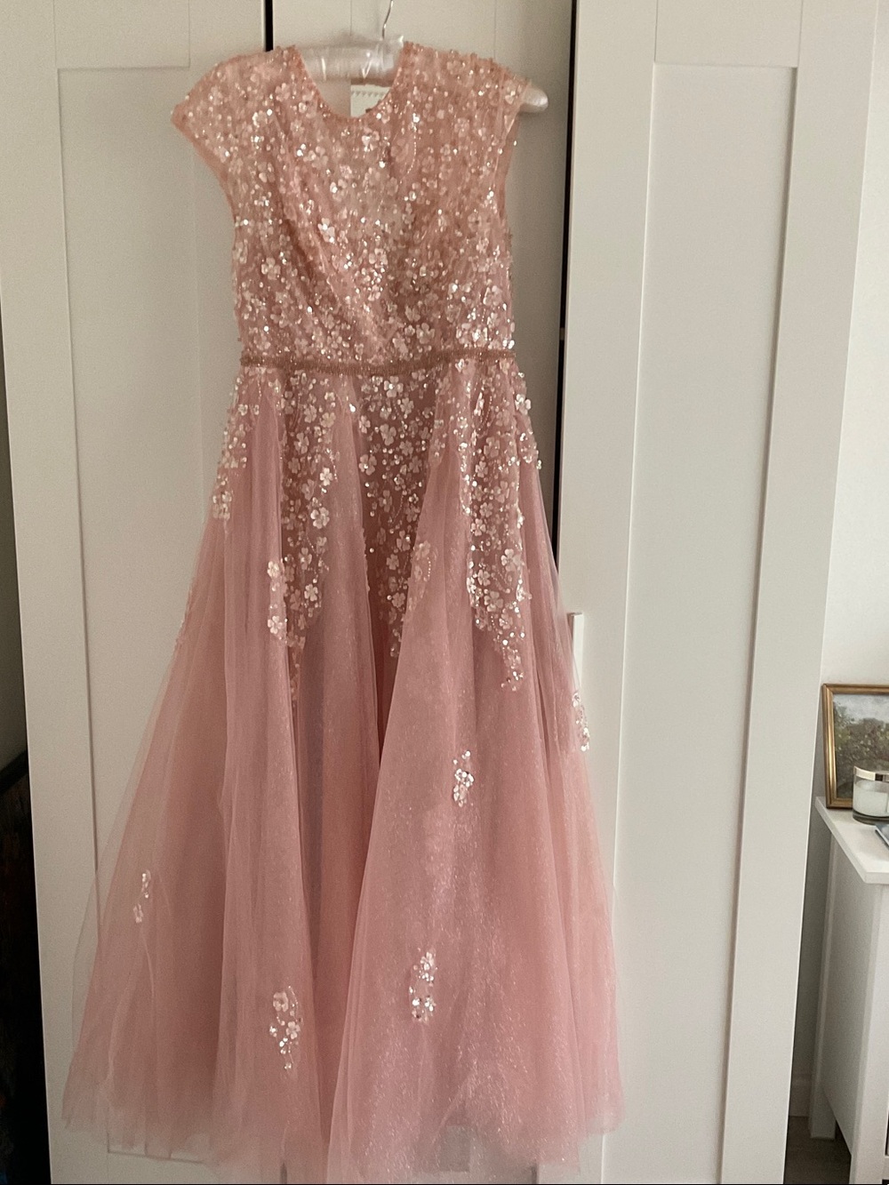 Mac Duggal Rose Pink Sequin Embellished Tulle Maxi Dress